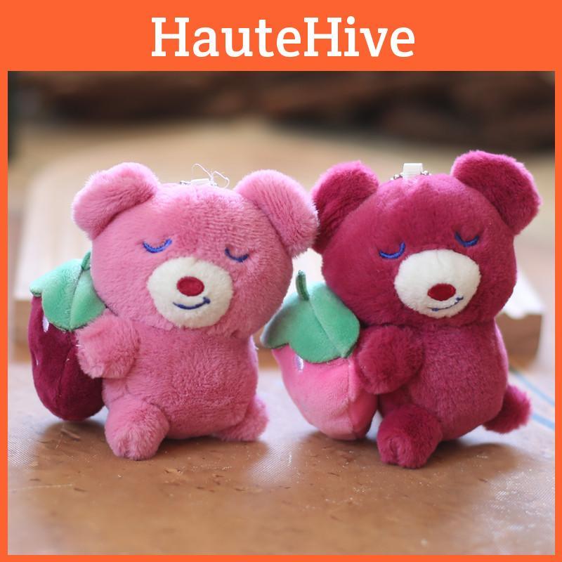 Adorable Pink Strawberry Bear Plush Keychain Soft Short Plush Stuffed Toy