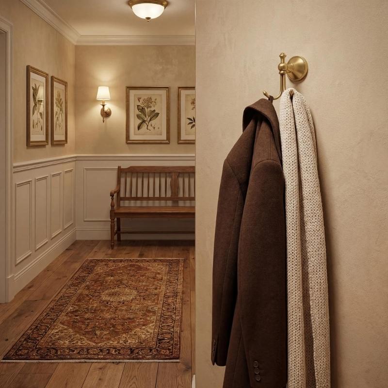 Antiker Messing-Wandhaken Doppelhaken mit gebürstetem Gold-Finish Wandmontierter Handtuch Bademantel Kleiderhaken für Badezimmer Eingangsbereich