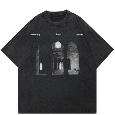 Streetwear Gebouw Grafisch Unisex T-shirt Katoen Gewassen Zwart T-shirt Unisex Tops T-shirts Zomer Korte Mouwen T-shirt