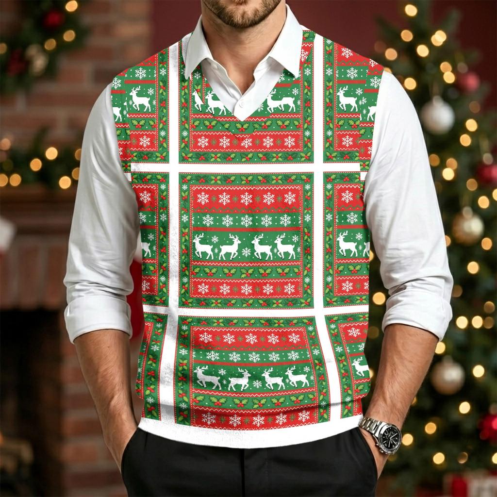 Herre Uld V-hals Strikket Sweater Vest, Juleprint Ærmeløs Pullover til Feriependling