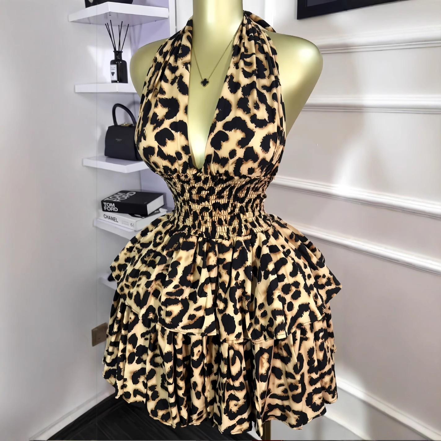 2026 Summer Sleeveless Halter Leopard Print Pleated Dress for Women L