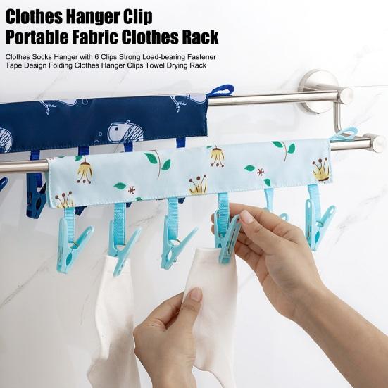 Clothes Socks Hanger with 6 Clips Strong Load-bearing Fastener Tape Design Folding Clothes Hanger Clips Towel Drying Rack