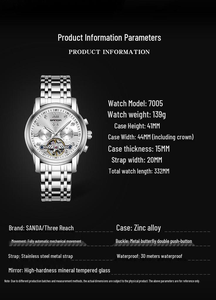 Sanda Men's Automatic Tourbillon Watch with Calendar - Trendy and Cool Design