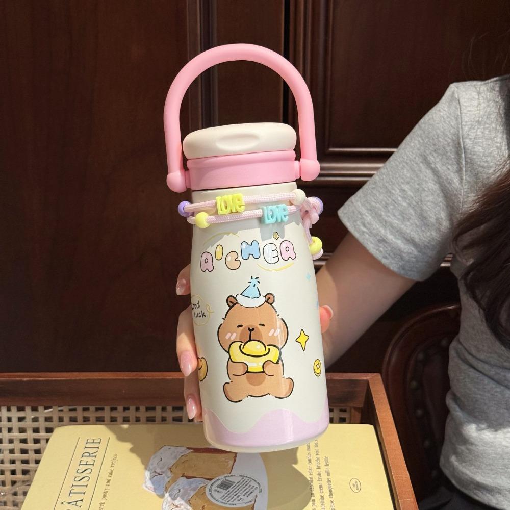 Cute 600ml Capybara Insulated Cup with Lanyard with Straw Thermal Water Bottle Handle Stainless Steel Car Coffee Cup Gifts