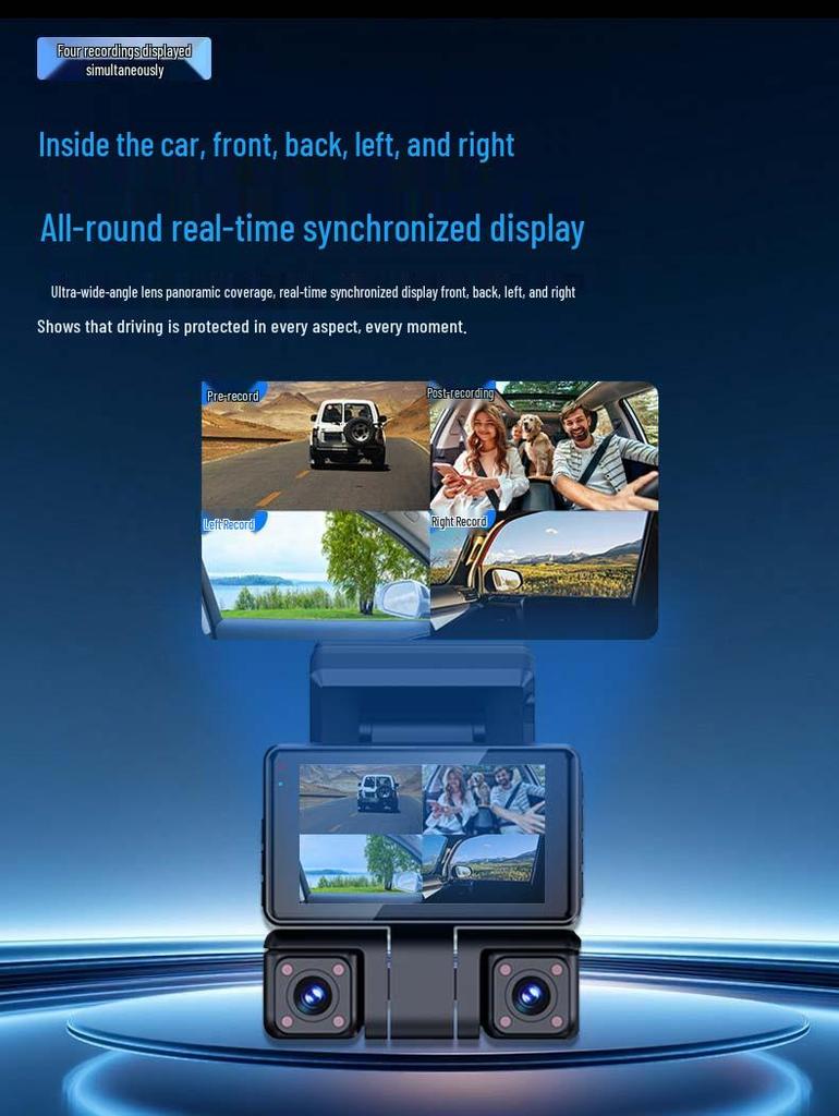 2.5K Ultra HD Dash Cam with 4 Lenses, Night Vision, 360° Parking Monitor, Mobile Connectivity, and Photo Recording