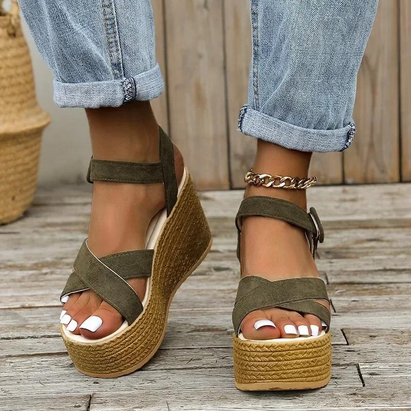 Dolgu Topuk Sandaletler 2024 Moda Örgü Platform Büyük Beden Yüksek Topuk Sandaletler Kalın Taban Retro Açık Burun Kadın Ayakkabıları