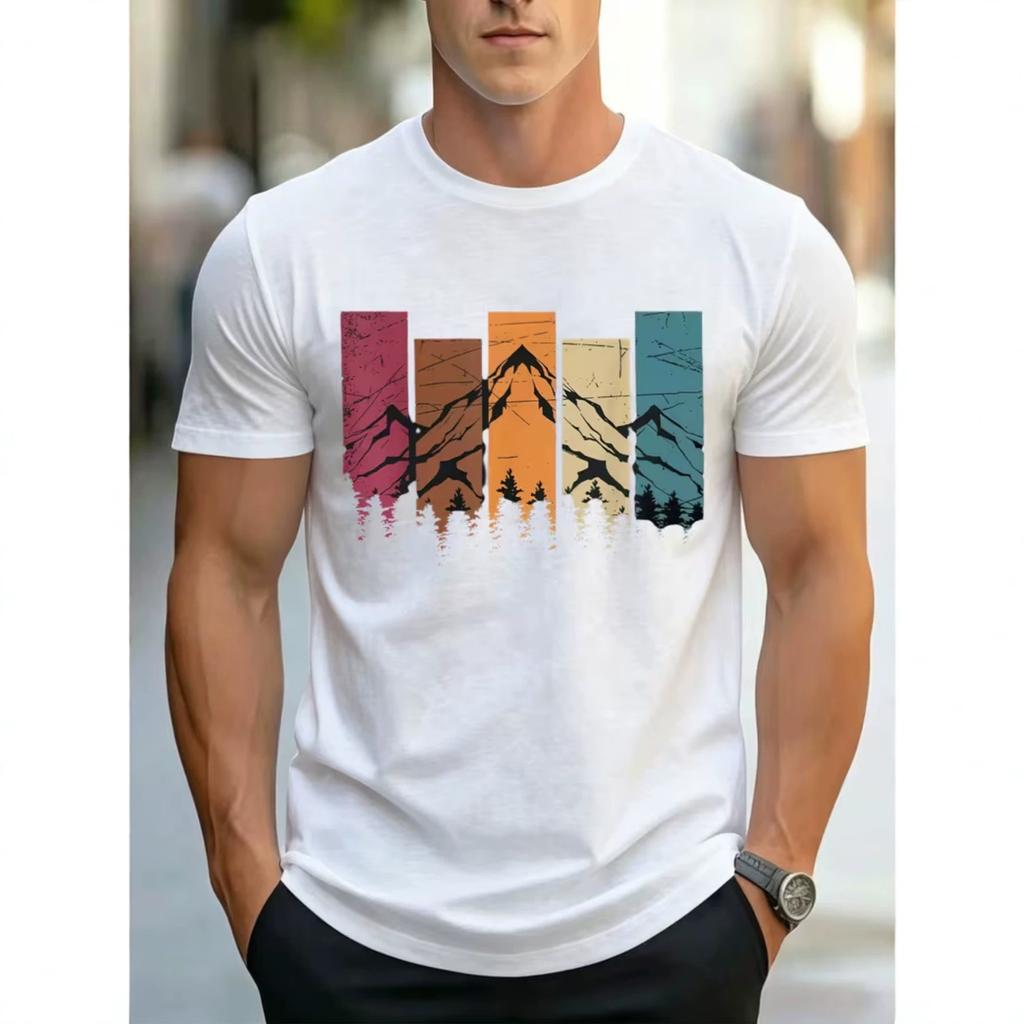 Summer Fashionable Comfortable Breathable Sweat Absorbing Men's T-shirt Colorful Vintage Mountain Forest Pattern Solid Color Printed Cotton T-shirt