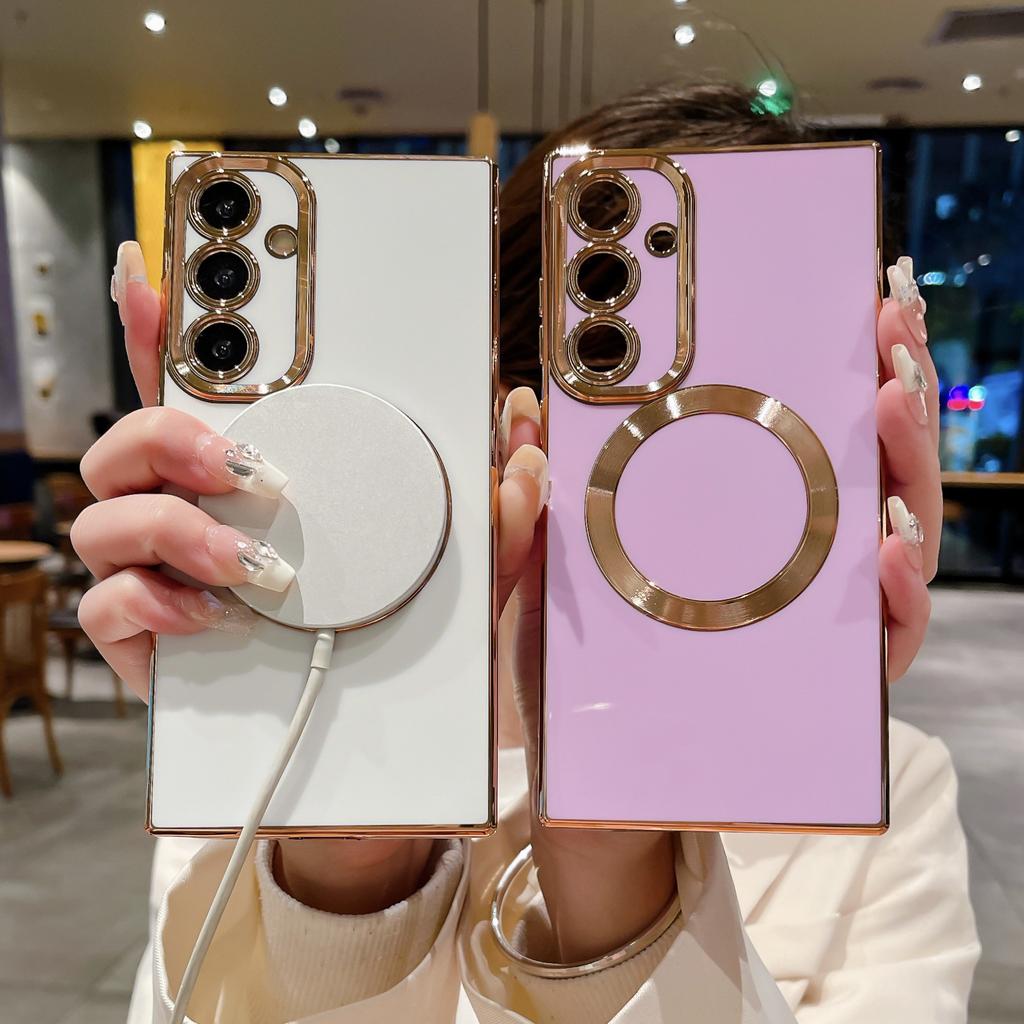 Suitable for Samsung S24Ultra Mobile Phone Case Square Solid Color Electroplating Magnetic Suction S21FE Anti-drop Mobile Phone Case