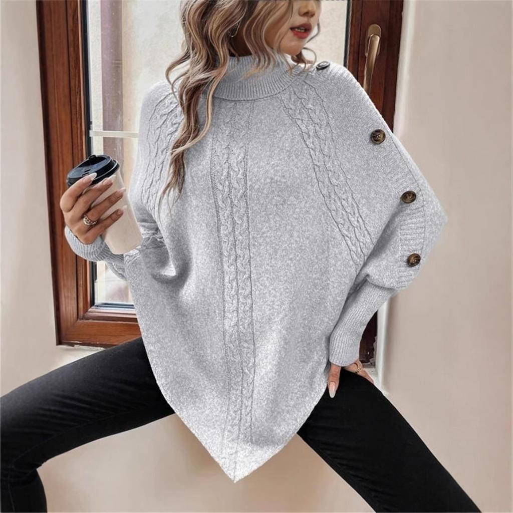 Women's Winter High Collar Asymmetric Hem Cape Sweater, Button Decoration Bat Sleeve Fried Dough Twists Weave Texture