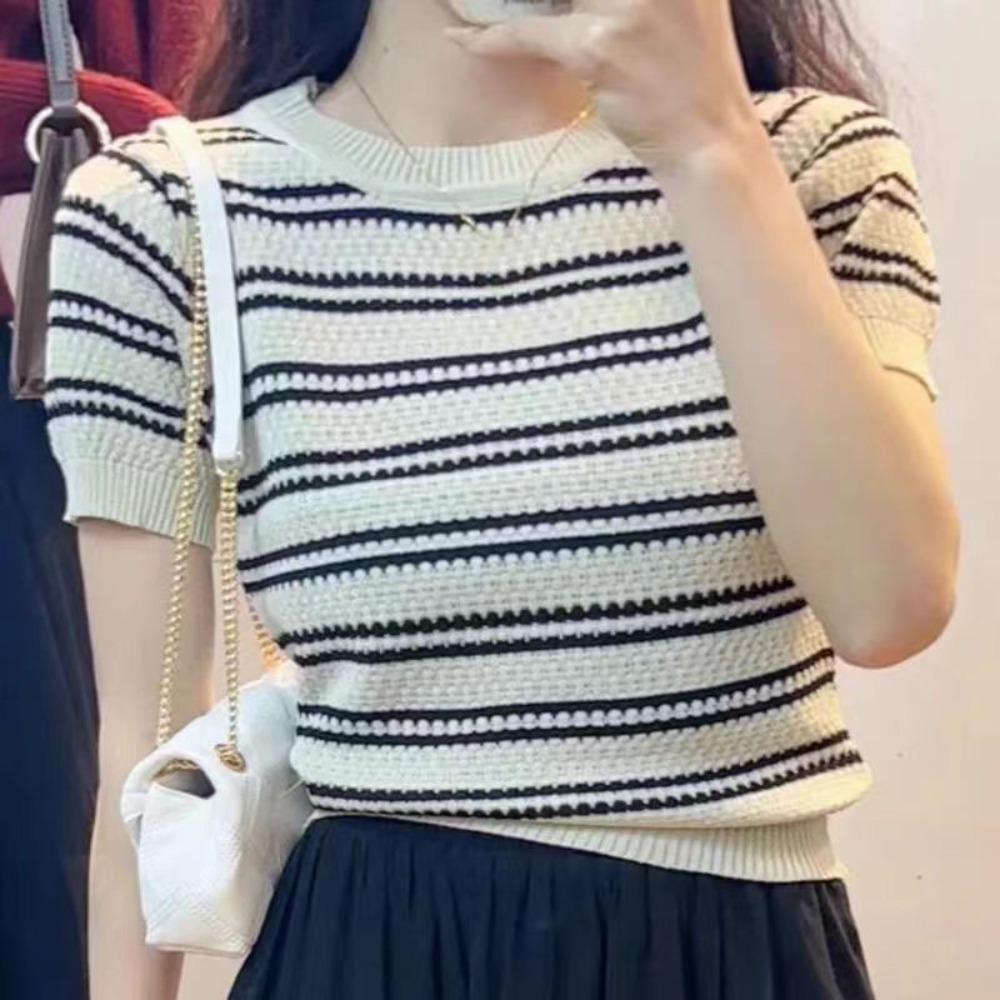 

Sweet Short Sleeve Crop Top Ins Knitwear Women Stylish Stripe Knitted T-shirt Summer абрикосовый