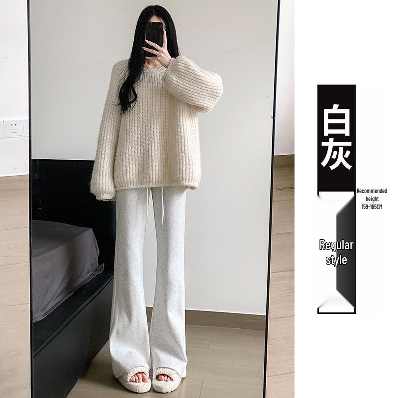 2024 Women's High Waist Gray Sport Flare Pants - Slimming American Style Casual Draping Horseshoe Long Pants