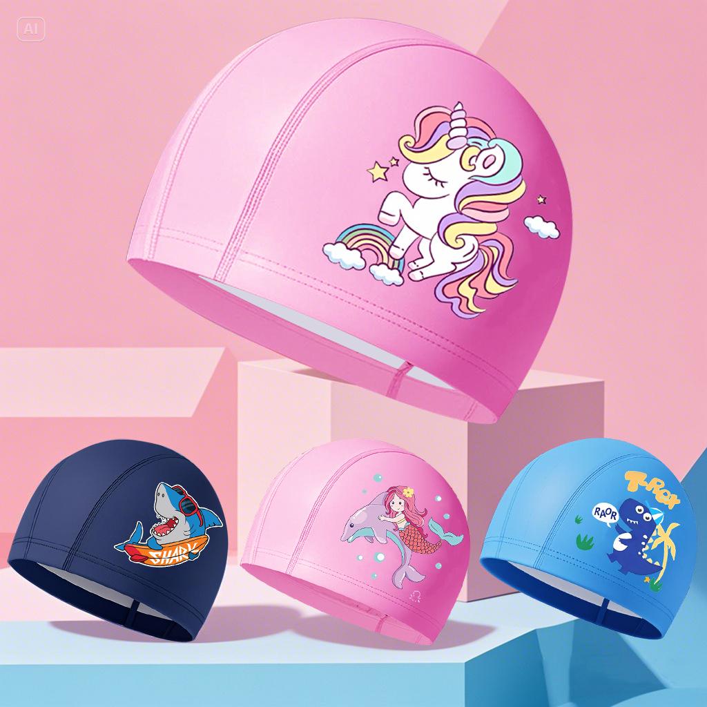 Comfortable Waterproof PU Swim Cap for Kids with Cartoon Print & Hair Protection