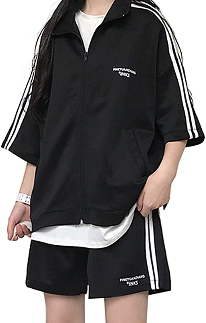 

Комплект спортивного костюма с короткими рукавами, свободного кроя, идеально подходящий для повседневных занятий спортом и больших размеров D.IIZOO Женский весенне-летний комплект из 2 предметов: шорты, рукава 3/4, облегающий крой, чёрный