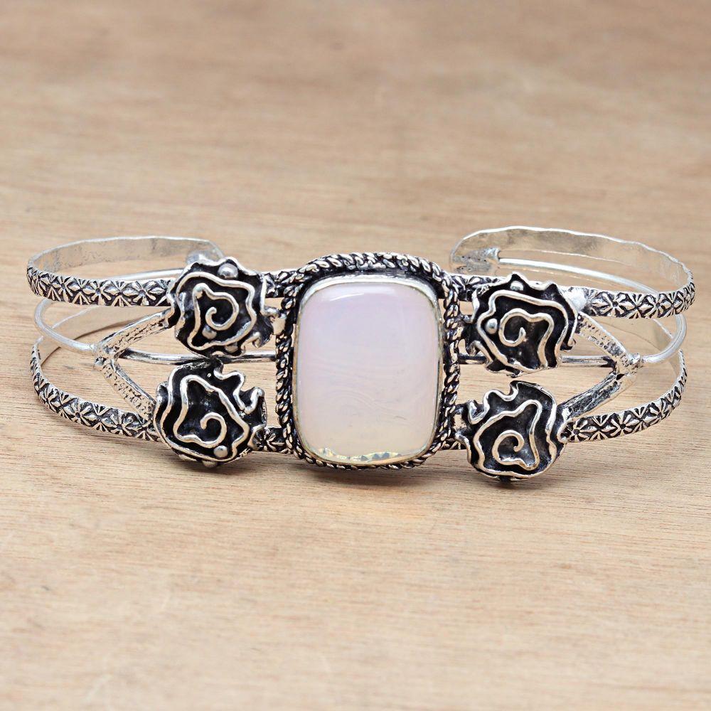 Milky Fire Opal Gemstone Handmade Silver Jewelry Cuff Bracelets 7''Adjustable