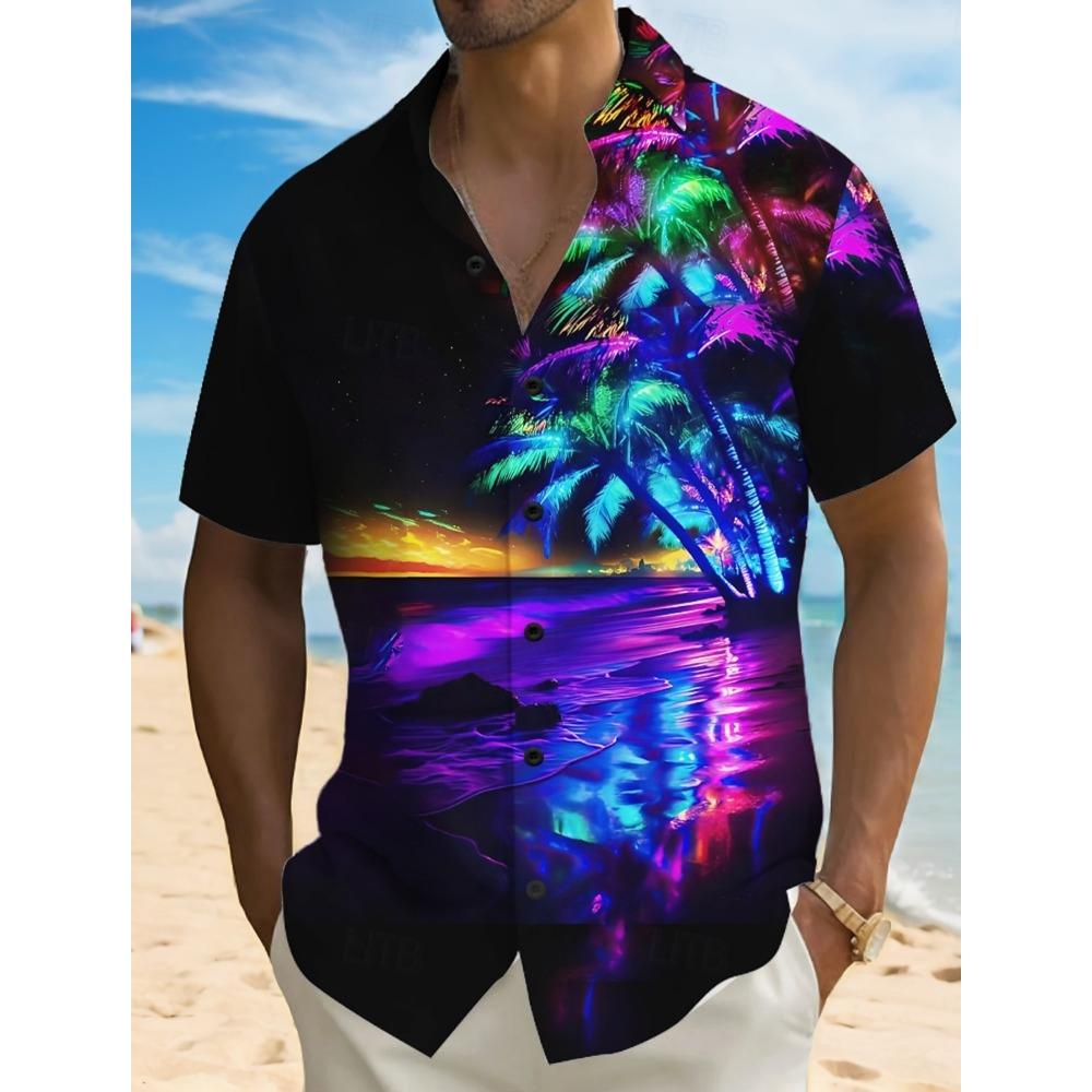 Fashion Men's Hawaiian Shirt 3D Printed Landscape Tropical Plants Shirt Short Sleeved Summer Casual Aloha Shirt for Mens