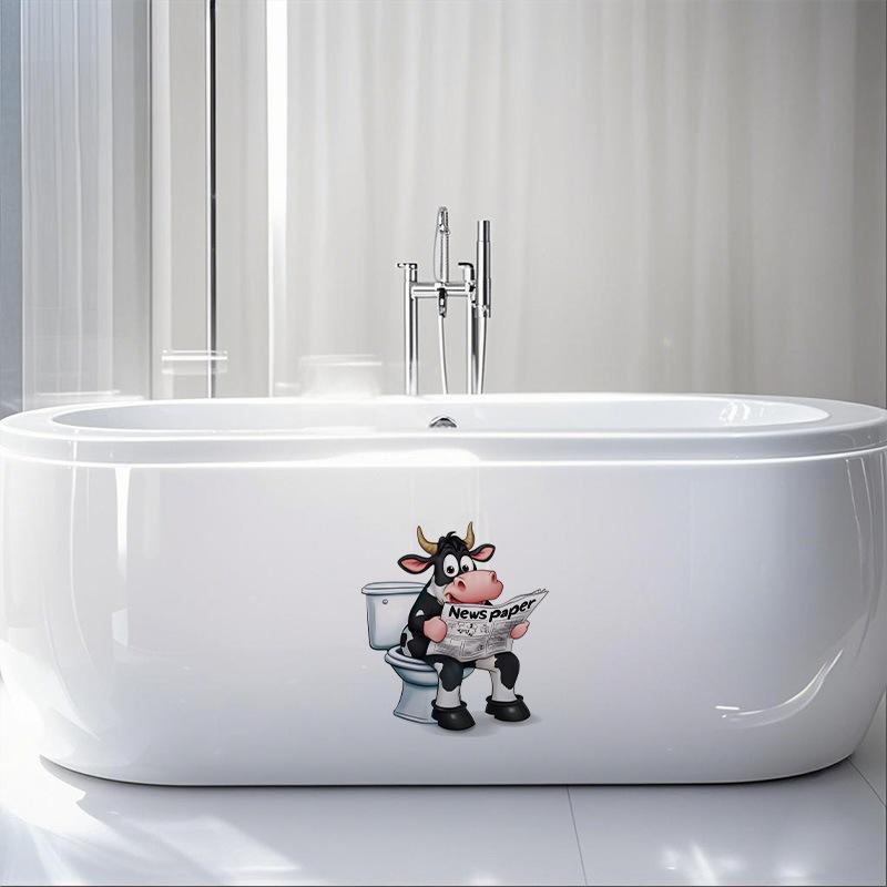 3D Funny Cow Reading Newspaper On Toilet Wall Sticker Self-Adhesive Waterproof Removable Bathroom Home Decor Art