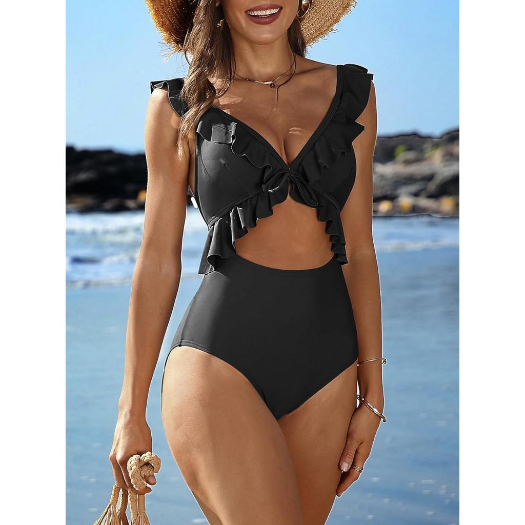 CHARMLEAKS Damen Einteiler Badeanzug mit Rüschen und Cut-Outs, Riemchen-Monokini, Bademode, Badeanzüge