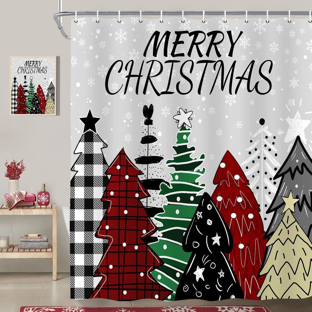 Christmas Tree Shower Curtain, Winter Colorful Cartoon Xmas Tree Cute New Year Bath Curtain Decor, Waterproof Bathroom Accessory
