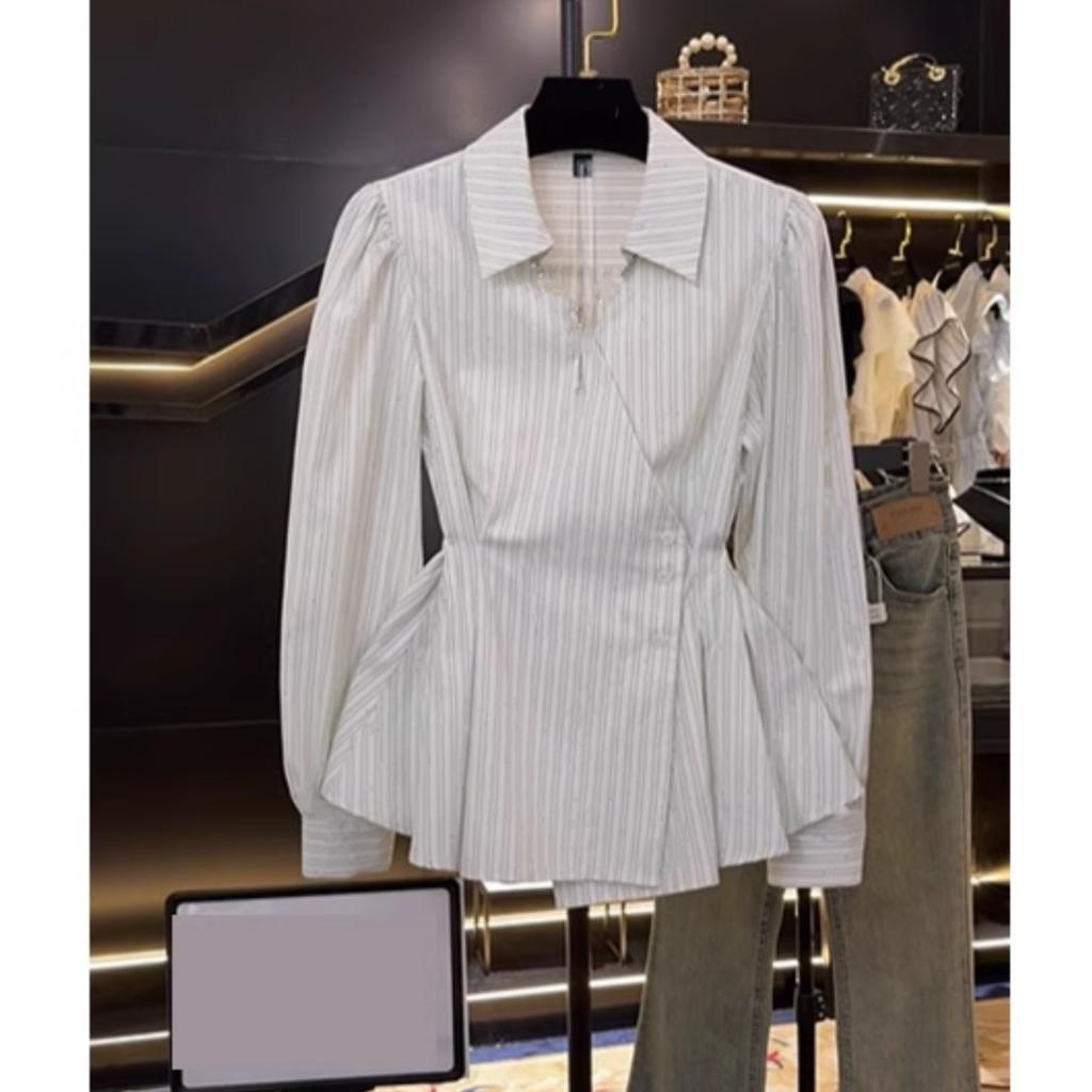 Dames Polo Kraag Lange Mouw Onregelmatige Pasvorm Gestreept Blouse Casual Knopen Voorkant Top