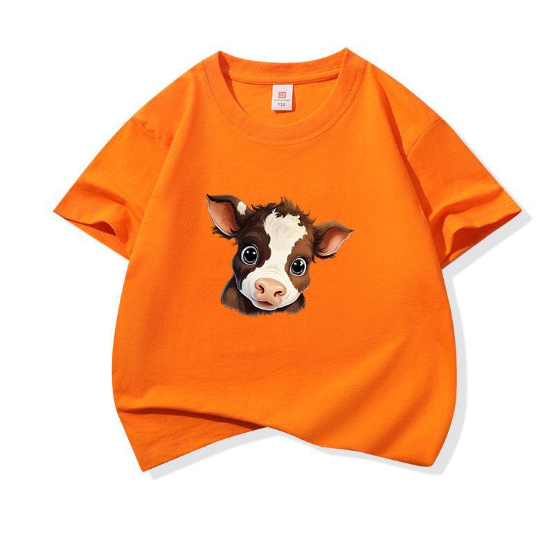 Kids Pure Cotton T Shirt Adorable Brown Baby Cow Print Crew Neck Short Sleeve Tee Casual Boys Girls Summer Tops