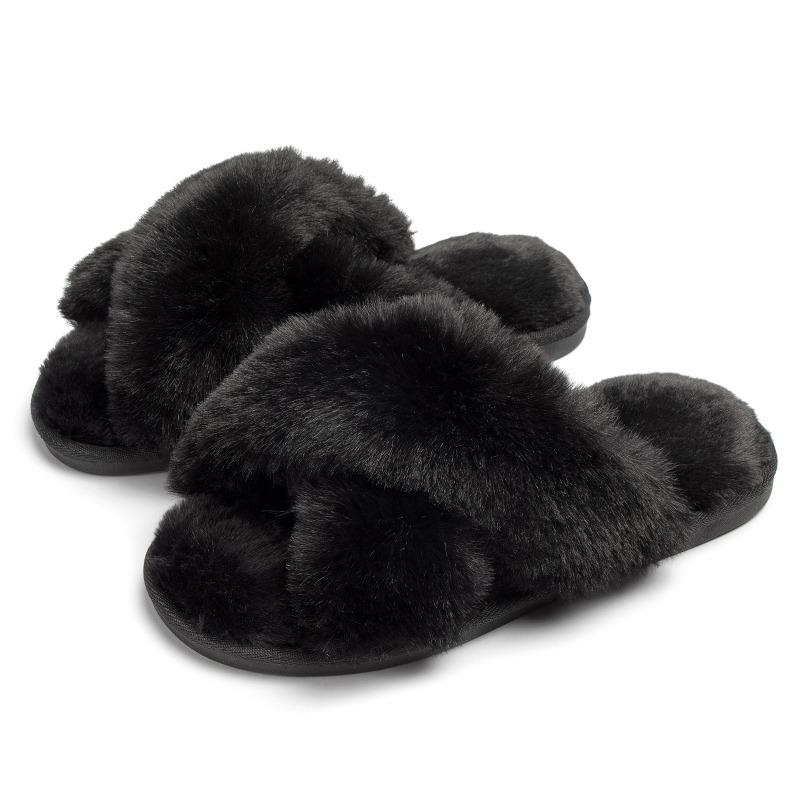 Winter Plush Cross-strapped Cotton Slippers Non-slip Indoor Soft Bottom Warm Fluffy Household Slippers Women