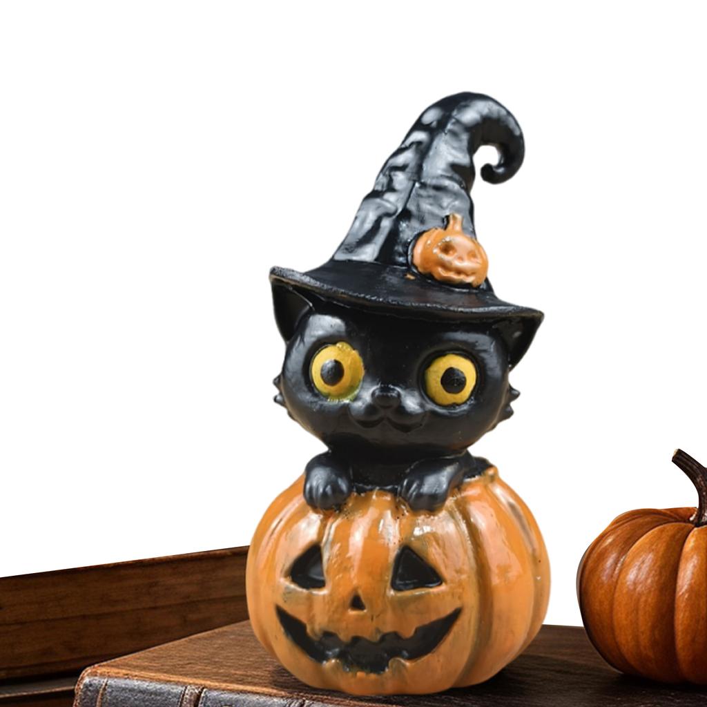 Resin Black Cat on Pumpkin Spooky Ornament Tabletop Decor Pumpkins Halloween Theme Decor for Tiered Tray Shelf Mantel Desks