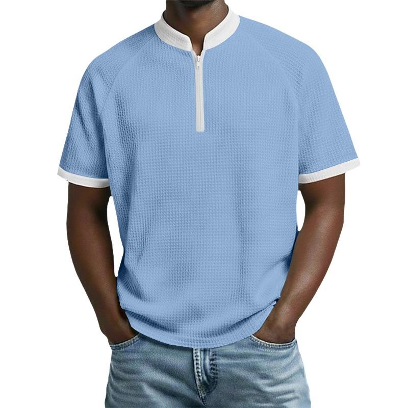 Men's Stand Collar Short Sleeve Polo Shirt Color Block Casual Sports T-Shirt.