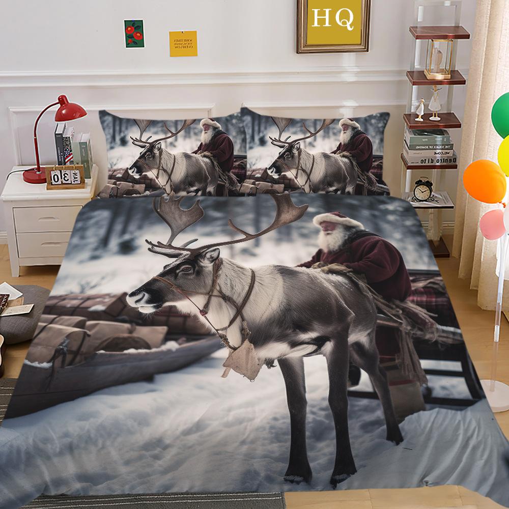 Jultomte Älg 3D-tryckt Polyester Örngott Täcke Två- eller Tredelat Set Tillgängligt
