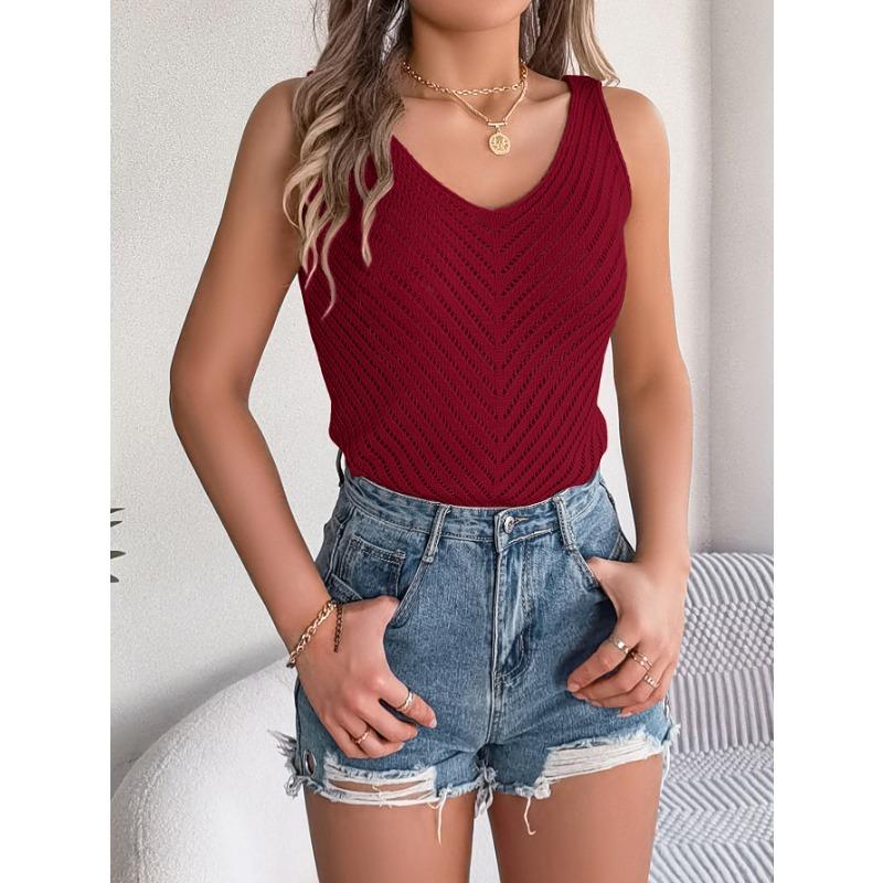 VEZFAA Women's Fashion Casual Summer Spring Solid Color Print Sleeveless V-Neck Blouses & Shirts