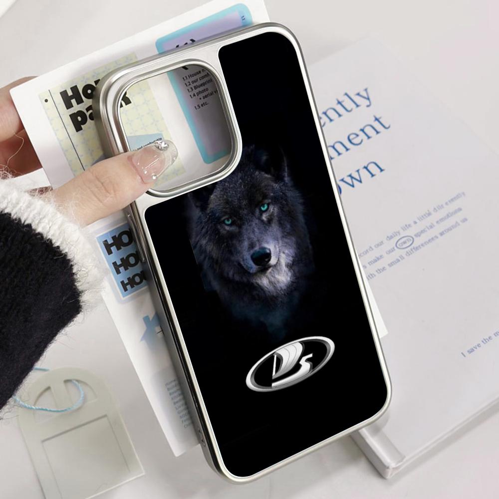 Cool Car L-la-Da Fashion Logo Design Phone Case for iPhone 16 15 14 13 12 11 Pro Max Sheepskin Silver-edged Protective Case