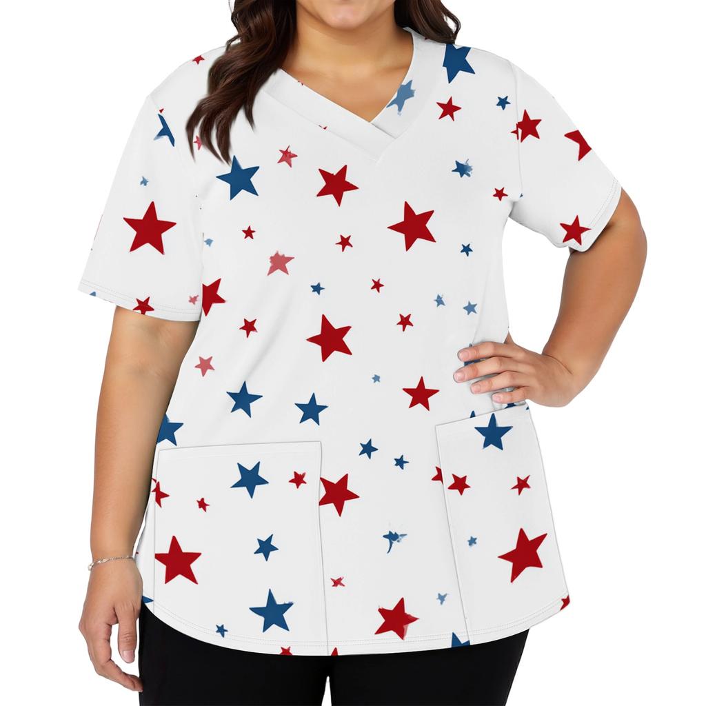 Women's Fashionable Casual Independence Day American Flag And Stars Print V-neck Short-Sleeved Work Shirt With Double Side Slits And Pockets