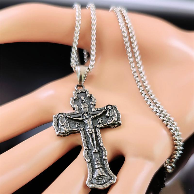 Men's Stainless Steel Crucifix Cross Pendant Necklace Orthodox Russian Cross Religious Necklaces Jewelry Boyfriend Gift NZZS05