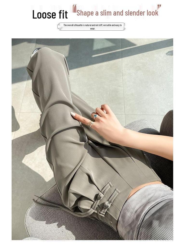 New Chinese Style 2025 Spring/Summer Women's High Waist Plus Size Wide-Leg Pants with Frog Buttons