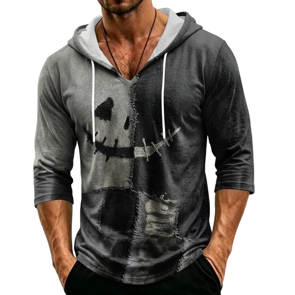 Men's Loose Fit Hooded Three-Quarter Sleeve Halloween Print Pullover