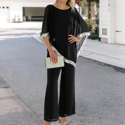 2 ks/sada Dámské Top kalhoty Set Dolman Rukávy Nepravidelný flitrový lem O Neck
