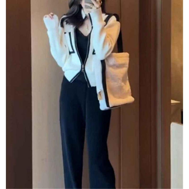 Contrasting Color Double Zipper Sweater Jacket Women's Autumn and Winter New Lazy Wind Knitted Cardigan