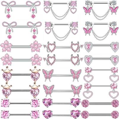 1 Par de Joia para Piercing de Mamilo Borboleta Rosa Anéis de Mamilo Brilhantes de Cristal Para Mulheres Meninas Piercings de Barra de Mamilo Coração Piercing Pezon