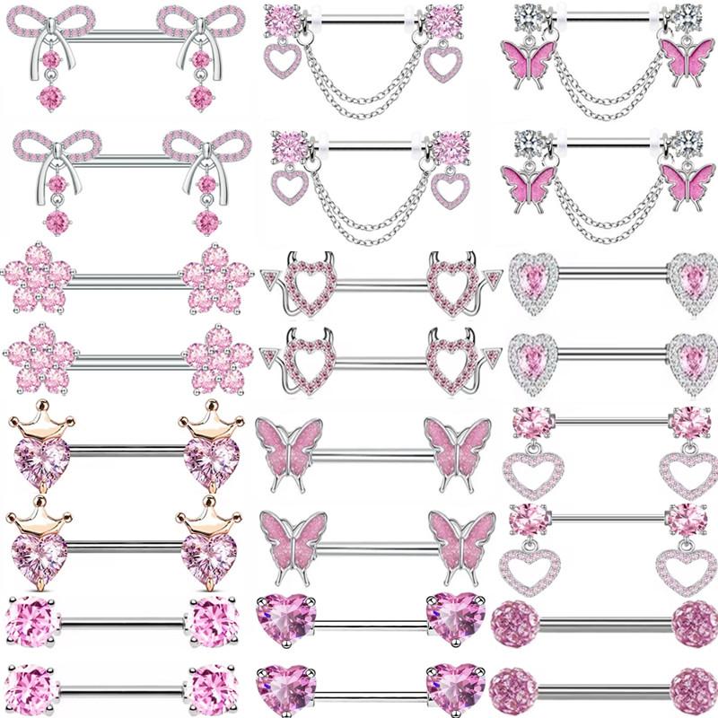 1Pair Pink Butterfly Nipple Piercing Jewelry Shiny Crystal Nipple Rings For Women Girls Heart Nipple Barbells Piercing Pezon