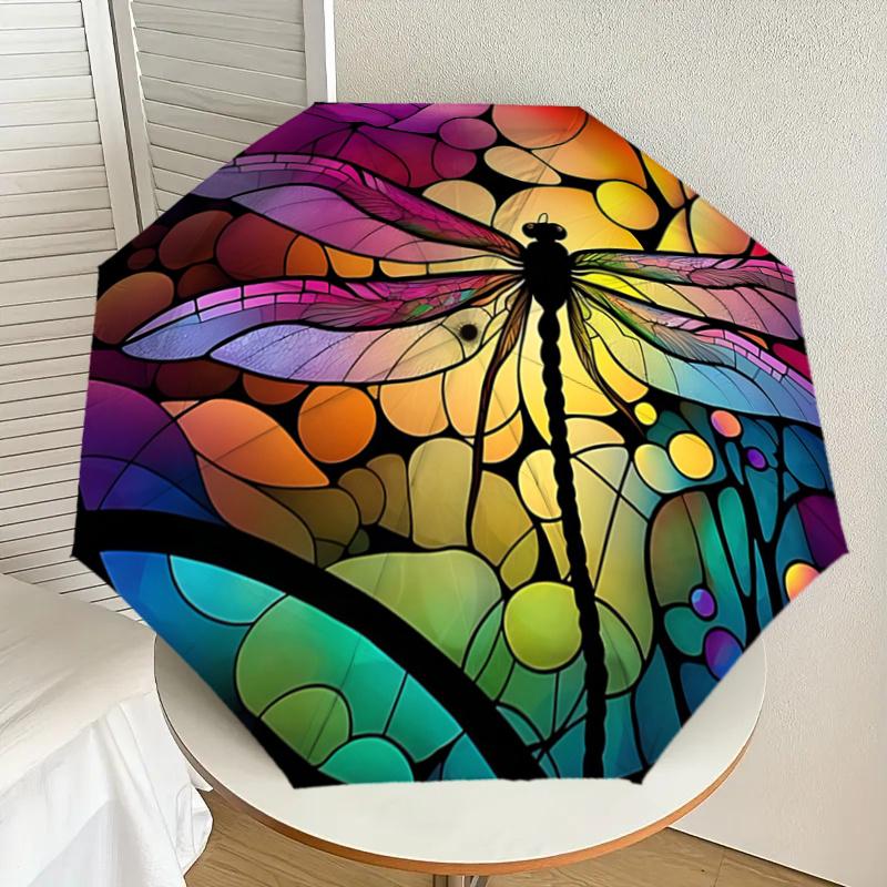 Colorful Stained Dragonfly Design Automatic Opening/Closing Umbrella with Foldable Design,, Travelers, Daily Use, Festive Gift1121011a