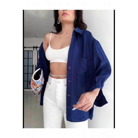 Cămașă de damă cu buzunar supradimensionat, cu umăr în jos