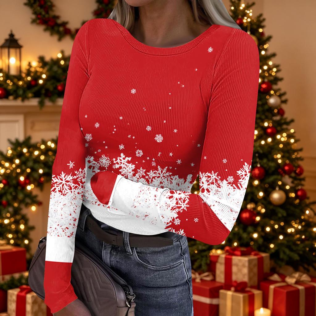Women's Casual Christmas Print Long Sleeve Ribbed Top with Round Neck for Holiday Wear