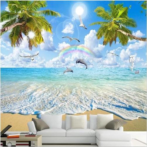 

Beautiful Sea Mural Coconut Landscape Wallpaper Beach And Tree Dolphin Mural Living Room Bedroom Background Wallpaper 200 cm(W) x 140 cm(H)
