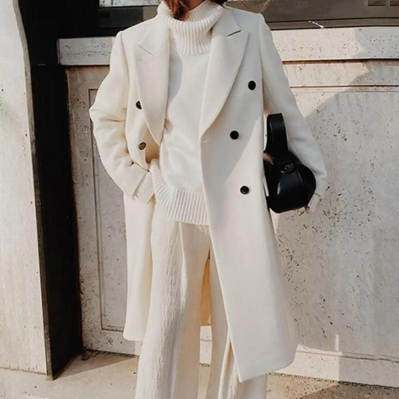 

Autumn and winter new women s clothing long-sleeved lapel solid color double-breasted slim-fit coat coat S белый