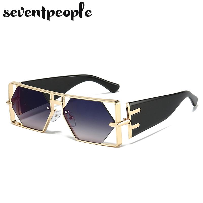 Vintage Punk Rectangle Sunglasses Women New  Luxury Brand Trendy Hollow Hexagon Lenses Double Beam Shades For Ladies UV400
