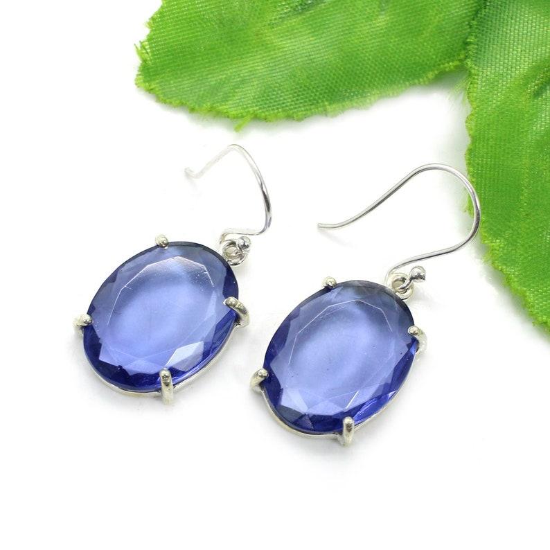 

Solid 925 Sterling Silver London Blue Topaz Hydro Oval Gemstone Women Dangler Earrings