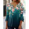 Spring Floral Print Women Plus Size Long Sleeve V Neck Loose Casual Blouse Button Top Tee Shirt