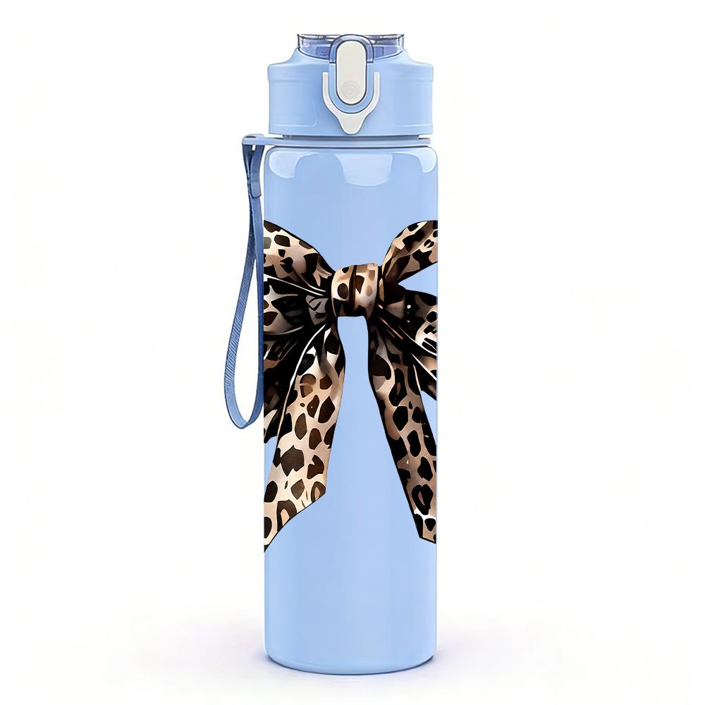 1PC Leopard Print Large Bow Graphic,750ml Color Plastic Sports Water Bottle,Leakproof Flip Straw Lid,Suitable for Sports Office Home Use
