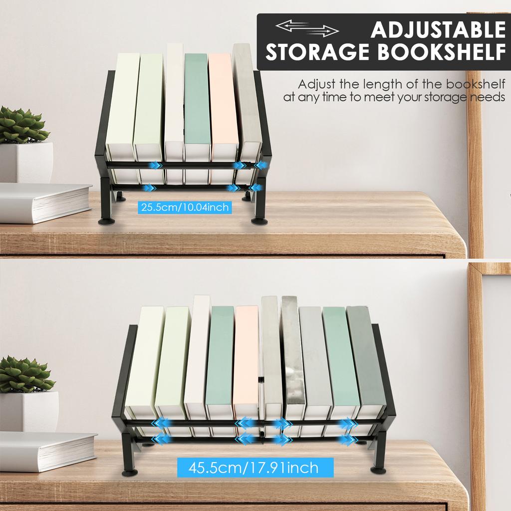 Verstellbares Desktop-Bücherregal aus Eisen, neigbares Bücherregal mit 4 rutschfesten Gummifüßen, 25,5 bis 45,5 cm ausziehbar, Zeitschriften-CD-Aufbewahrungsregal
