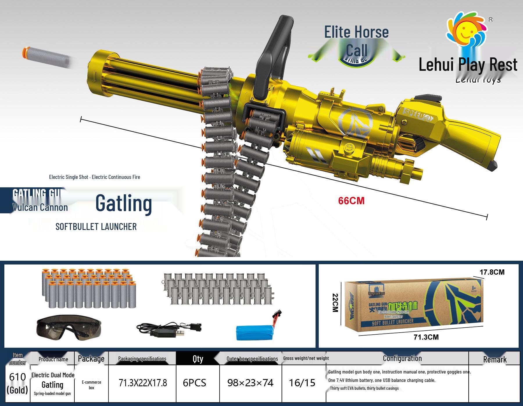 Lehui 610 Gold Electric Gatling Soft Bullet Toy Gun for Boys 30 Soft Bullets, 30 Bullet Chain