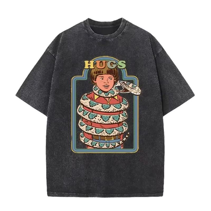 Vintage "Hugs" Snake Boy Print Washed Brown Retro Funny Casual T Shirt